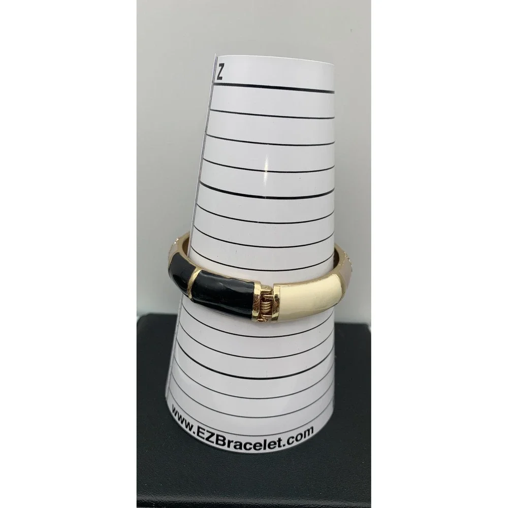 Gold Tone & black, cream & gray Enamel Rhinestone Bangle Hinged Clamper Bracelet